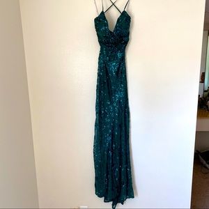 Lulu’s Forest Green Sequin Lace-Up Gown